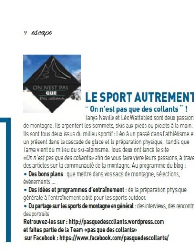 Article Magazine ESCAPE n°62 2016 - Le sport autrement - Blog On n'est pas que des collants www.pasquedescollants.com