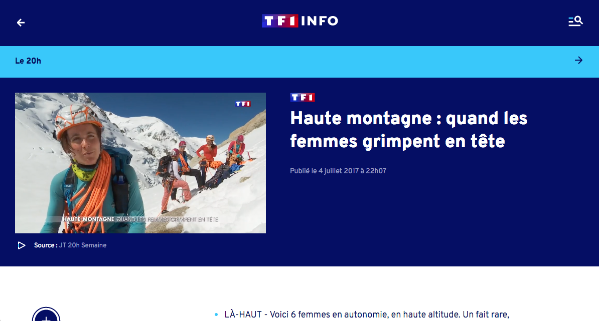 Reportage TF1 JT 20H GFHM alpinisme féminin Tanya Naville interview montagne chamonix